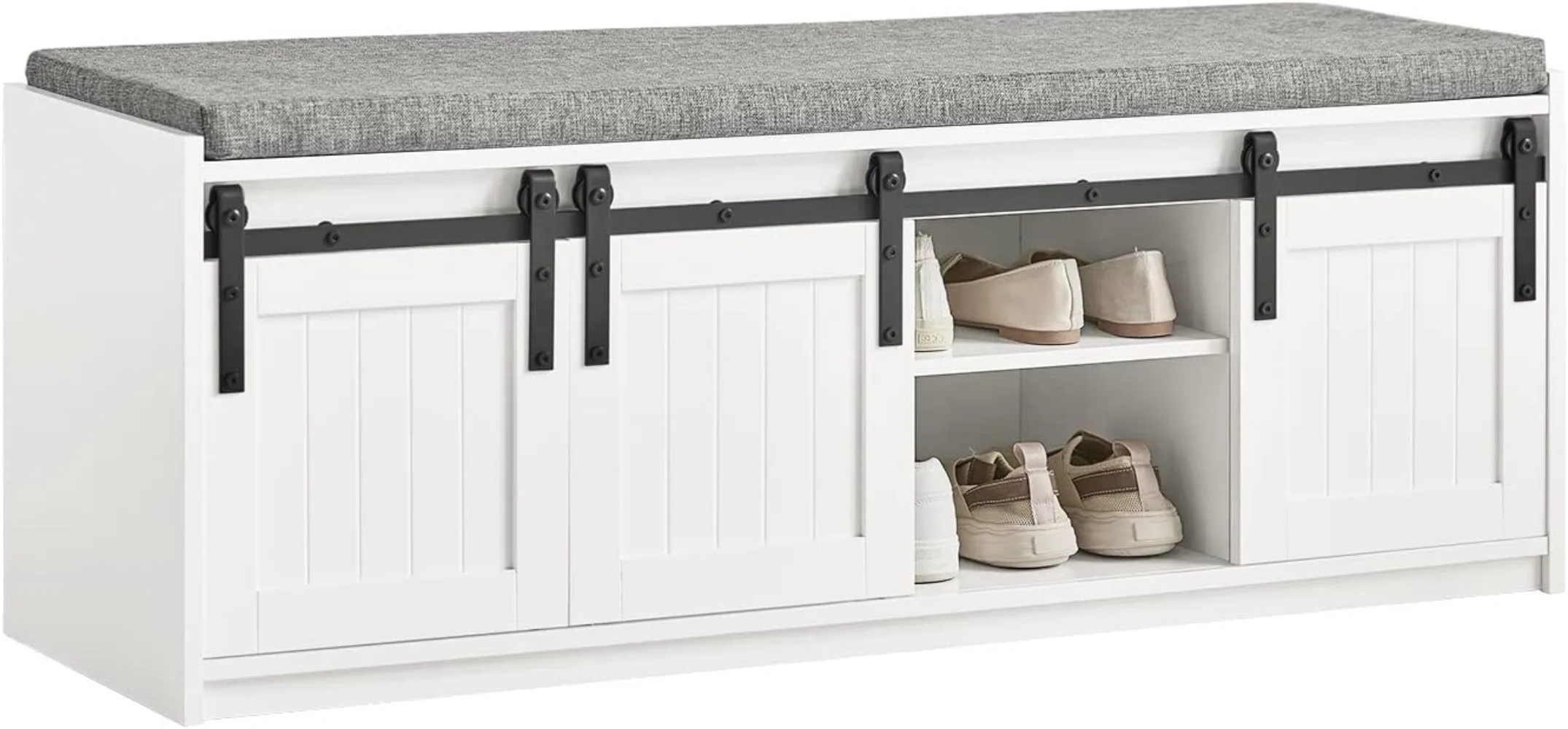 

Haotian White Rustic Style Storage Bench with Sliding Barn Doors & Padded Seat Cushion, Hallway Bench, Shoe Cabinet, Shoe Bench