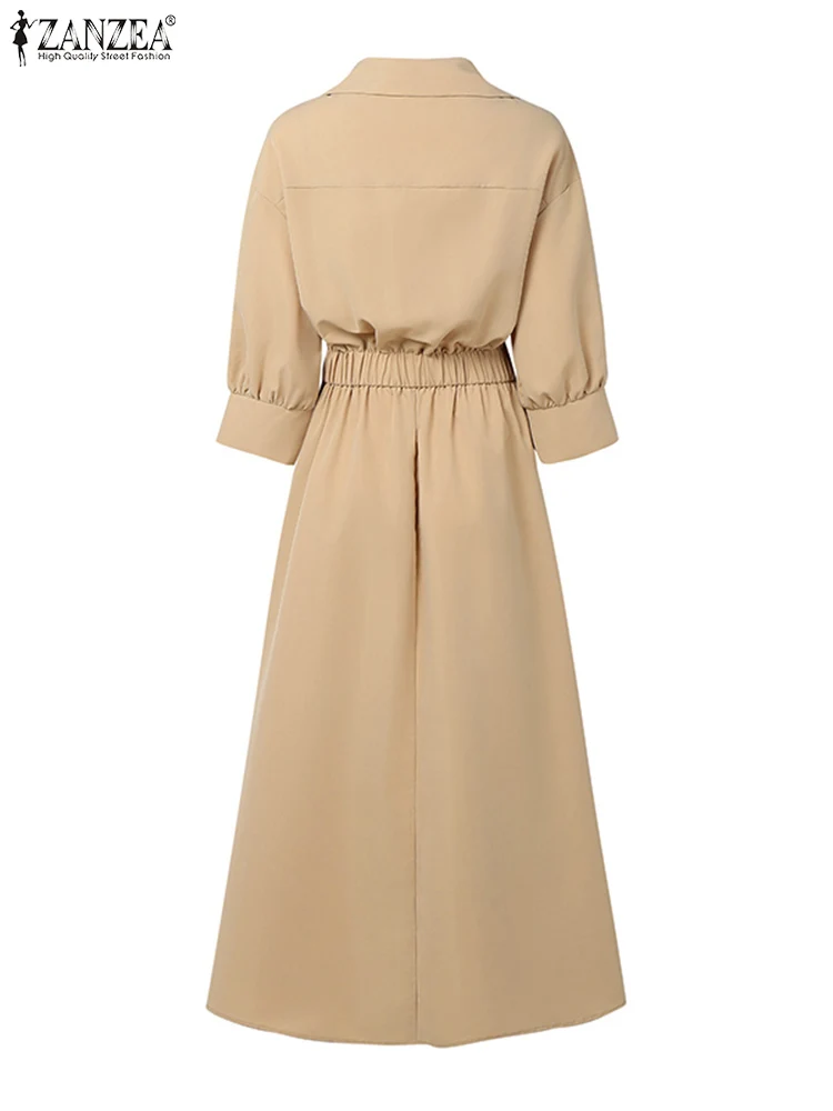 ZANZEA Elegante Lange Hemd Kleider 2025, Frauen Herbst Revers 3/4 Hülse Party Sommerkleid Fashion Solid Hohe Taille Plissee Maxi Robe