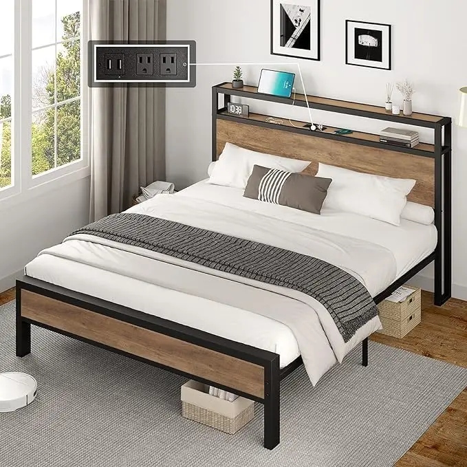 Full size bed frame industrial platform bed, double-layer storage headboard/no need for springs/no noise/rural brown