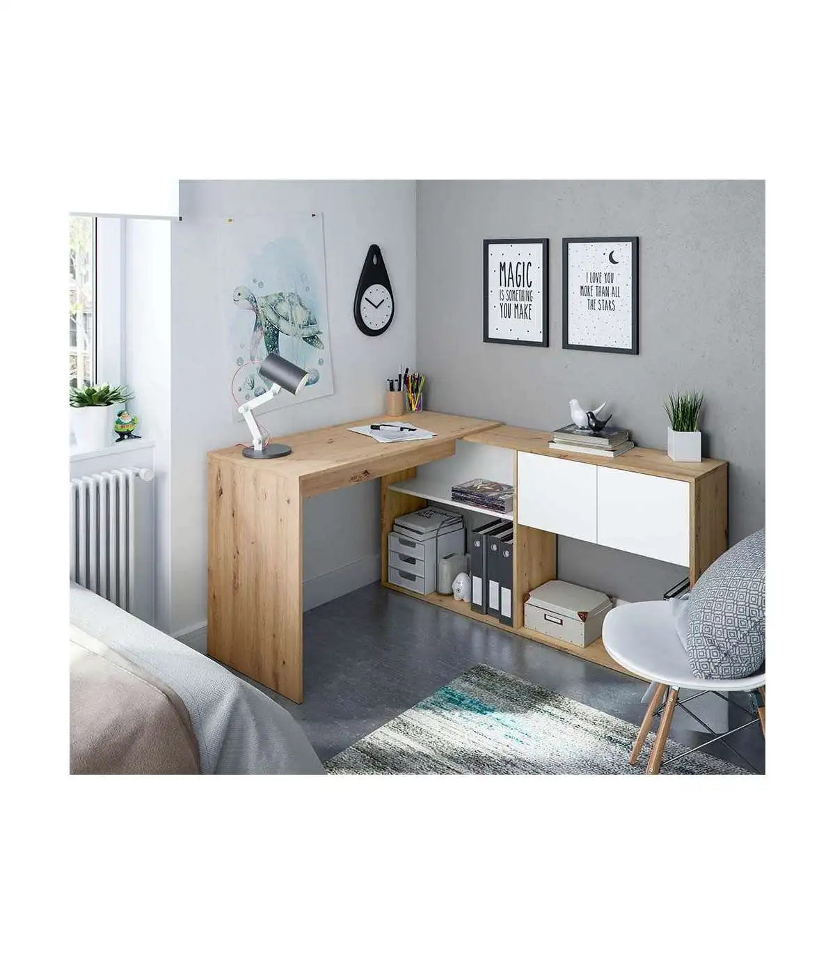 Desk with reversible gem shelf in artik White and nordi Oak 140 cm (high) x 108 cm (wide) x 70 cm (prof.)