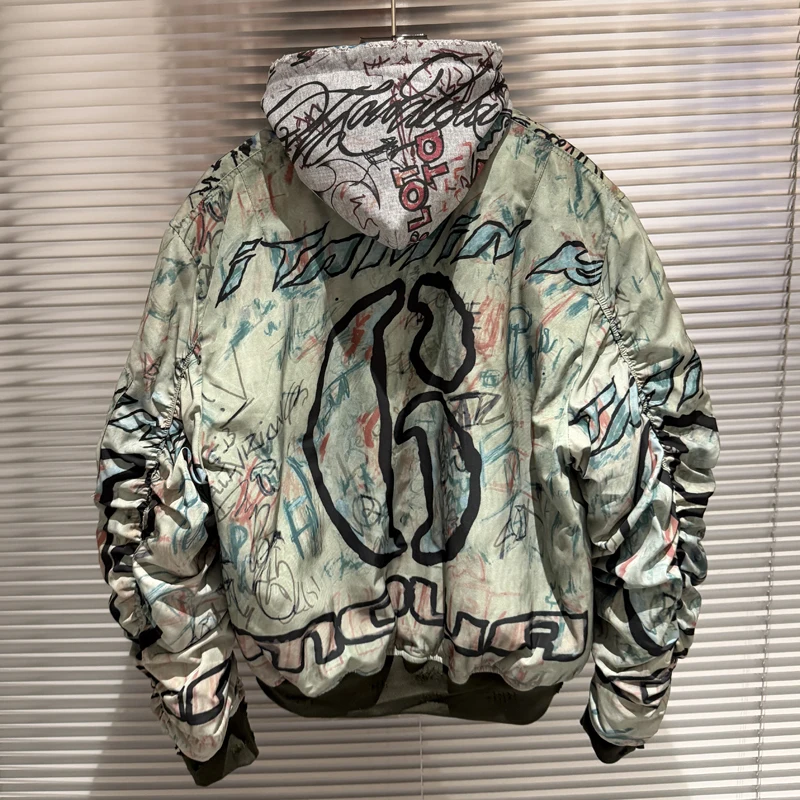 

Winter Thick Style High-end Graffiti Print Mowalola Cotton-padded Jacket Oth Sides Can Be Worn Detachable Hat