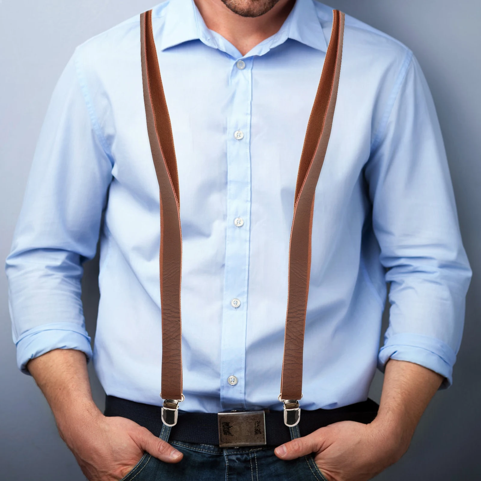 

Unisex Y Shaped Suspender Belt 4 Clips for Men Women PU Material Adjustable Elastic Pant Suspenders Comfortable Jeans Strap