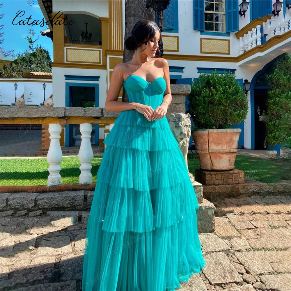 Catasdate Strapless Evening Gown Maxi Party Dresses for Women Puffy Wedding Ceremony Dress Tulle Dresses for Special Events