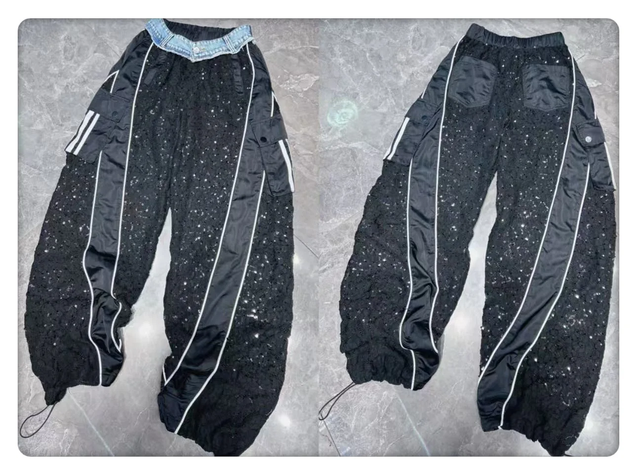 European Lace Scimitar Pants Women's 2025 Summer New Personalized Denim Splicing Pocket Loose Banana Trousers Balck Pants