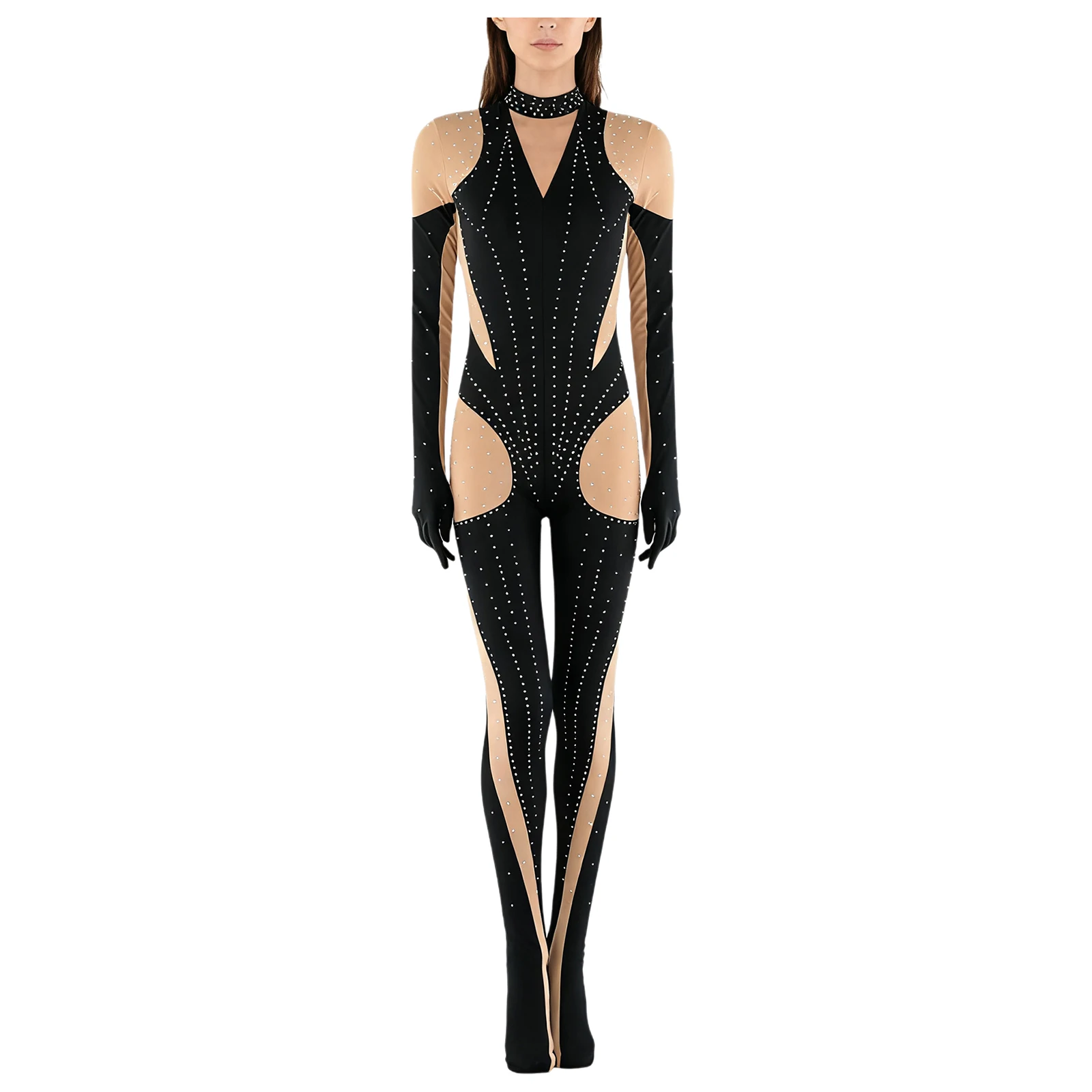 

Womens Gymnastics Leotard Rhinestone Full-body Unitard Gloved Footed Bodysuit Jumpsuit for Figure Skating Yoga Ballet Dancewear