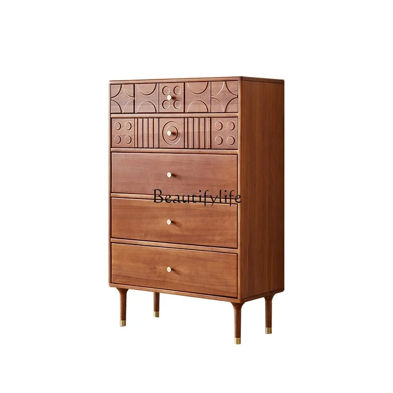 

French retro solid wood chest, living room carved bed tail against the wall, antique six chestL