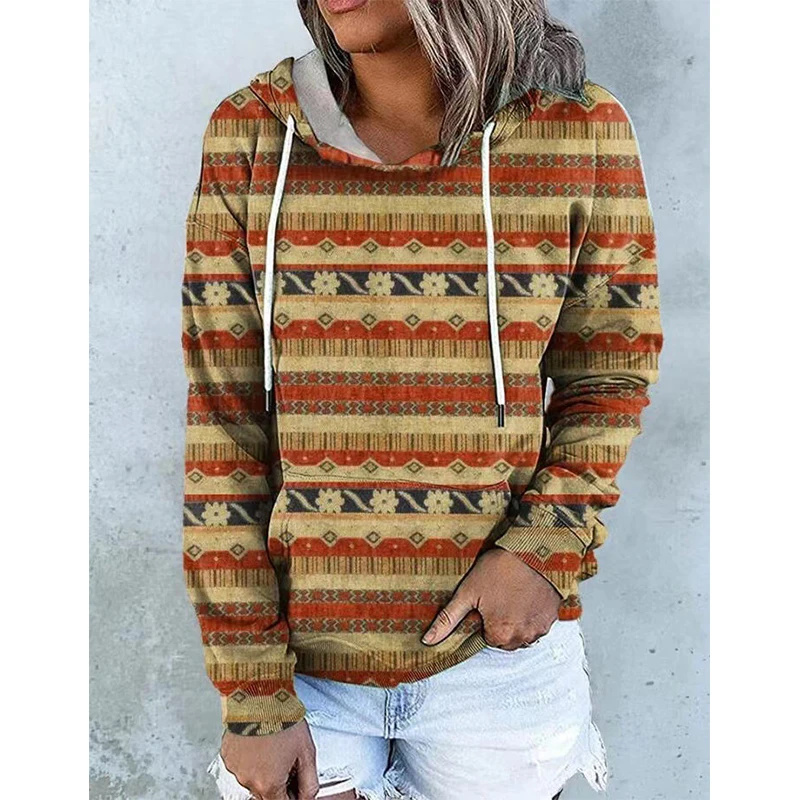 Aztec Western Hoodies Ethnic Style 3D Print Women Retro Streetwear Oversized Pullovers Hoodie Hooded Sweatshirts Woman Clothing