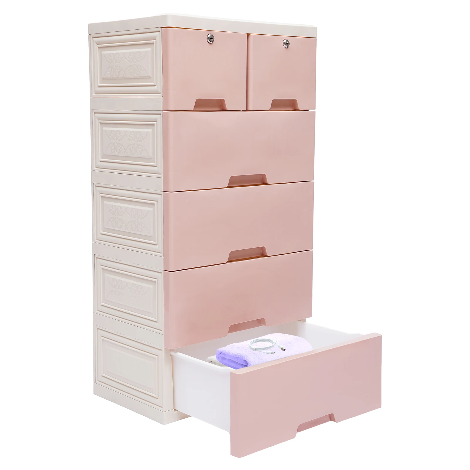 6 Drawers Plastic Storage Cabinet with Lock Closet Organizer on 4 Wheels Pink