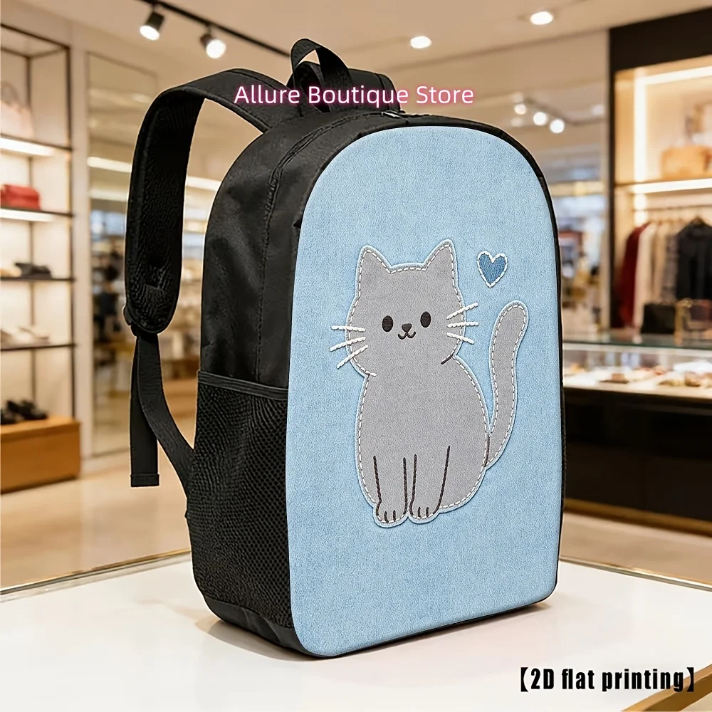 Cute Gray Cat Backpack with Blue Heart Print & Kitten Face - Lightweight School Bookbag Suitable for &, Adjustable Straps, Zippe