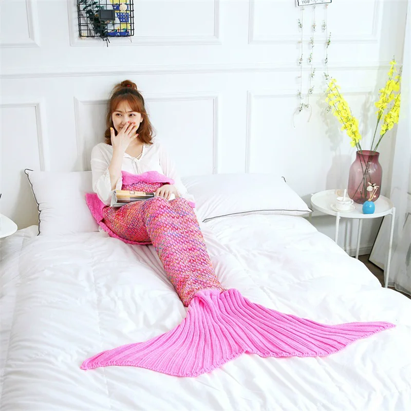 

Checkered Fish-Scale Mermaid Tail Knitted Blanket Office Nap Air Conditioning Blanket Casual Sofa Throw for Women Kid Home Decor