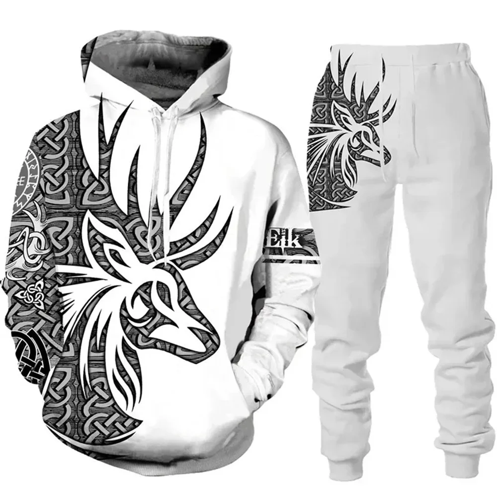 Mannen Hoodies Set Herten Jacht Sweatshirt 3D Print Trainingspak Heren Hoodie Broek 2 Stuks Set Fashion Casual Oversize Trui kleding