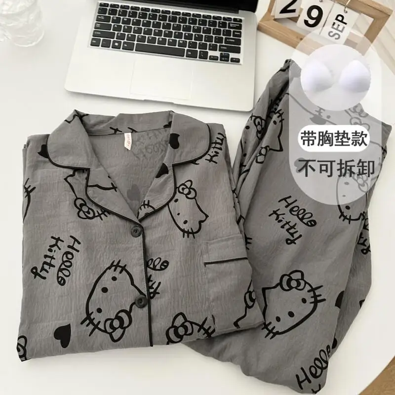 

Пижама Sanrio Hello Kitty из чистого хлопка, марлевая, для женщин и подростков, весна-осень, домашняя одежда, с подкладкой, черно-серая, с длинным рукавом, милая