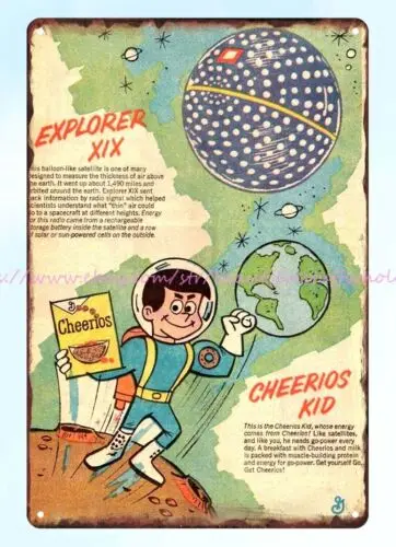 Cheerios Kid Explorer XIX Space Astronaut, señal de lata de metal, cereales nostálgico s, 1968