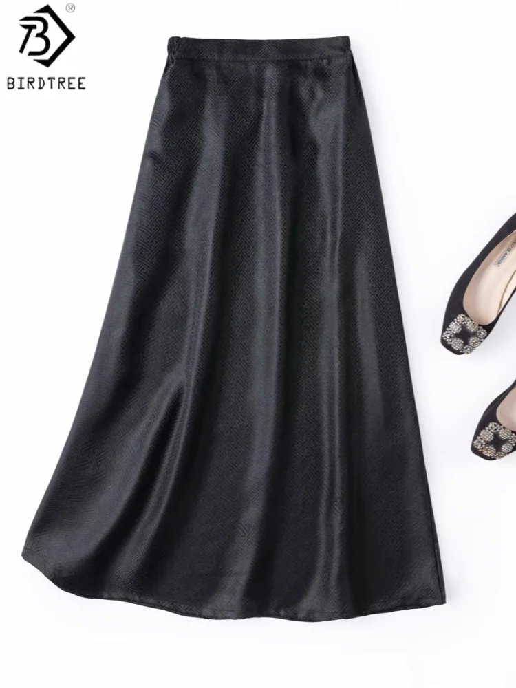 Birdtree, 100% Real Silk Meander Jacquard Skirt, Women's Satin Xiangyunsha Retro Skirts, Elastic Waist, 2026 Spring New D64323JF
