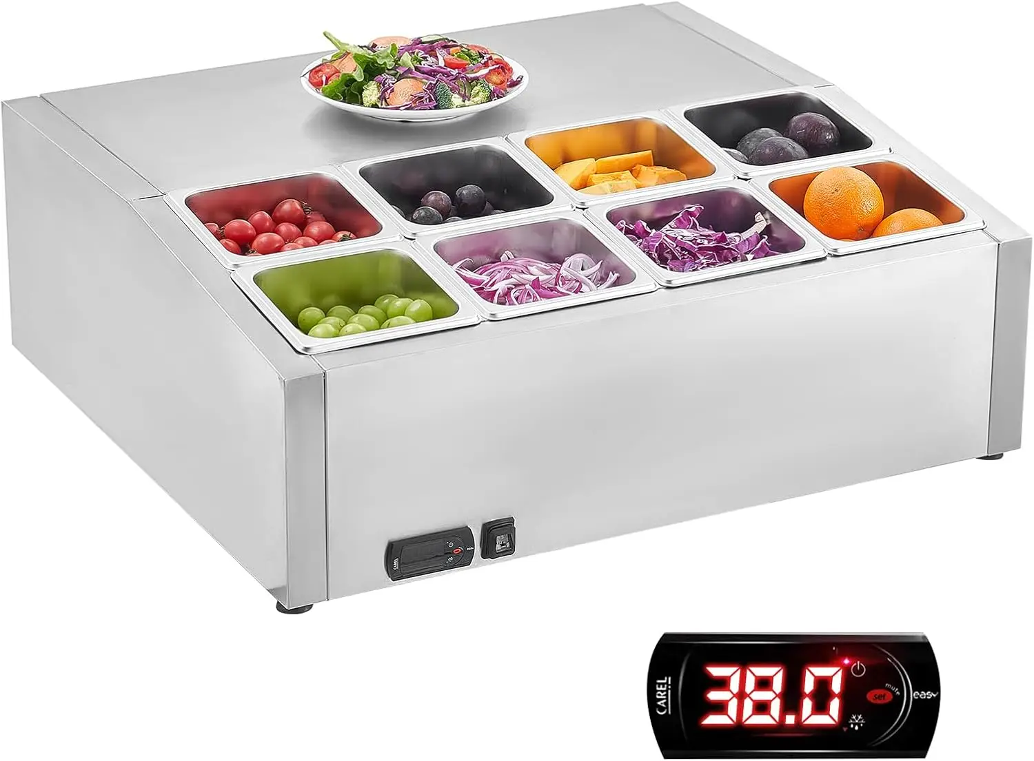 

Refrigerated Condiment Prep Station, 150 W Countertop Refrigerated Condiment Station, with Eight 1/6 Pans, 304 Stainless Body an