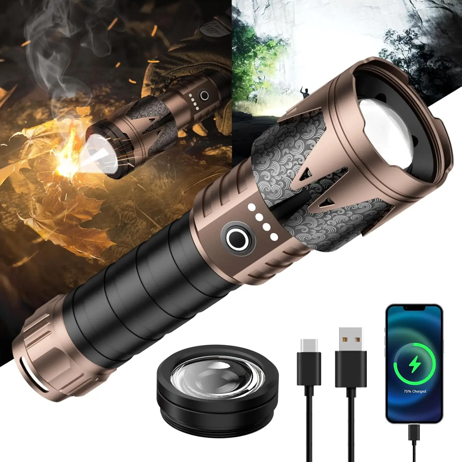 Rechargeable Zoomable Flashlight with Ignition Lens, 5000 Lumens, 6 Modes, Waterproof for Camping and Emergency Use