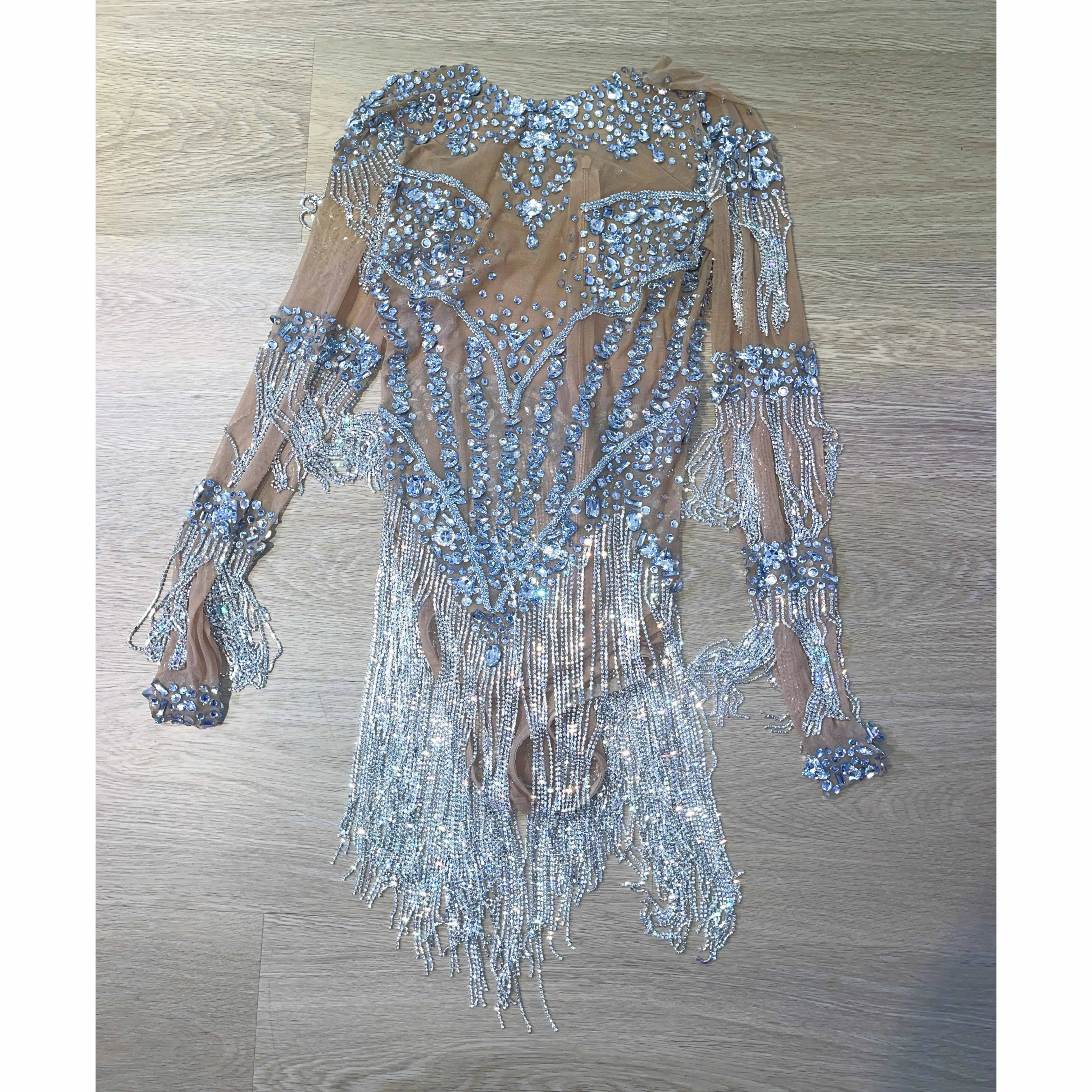 الماس نادي يوتار الراين سلسلة شفافة ارتداءها المرأة مثير شبكة طويلة الأكمام أداء ملابس رقص المرحلة ارتداء