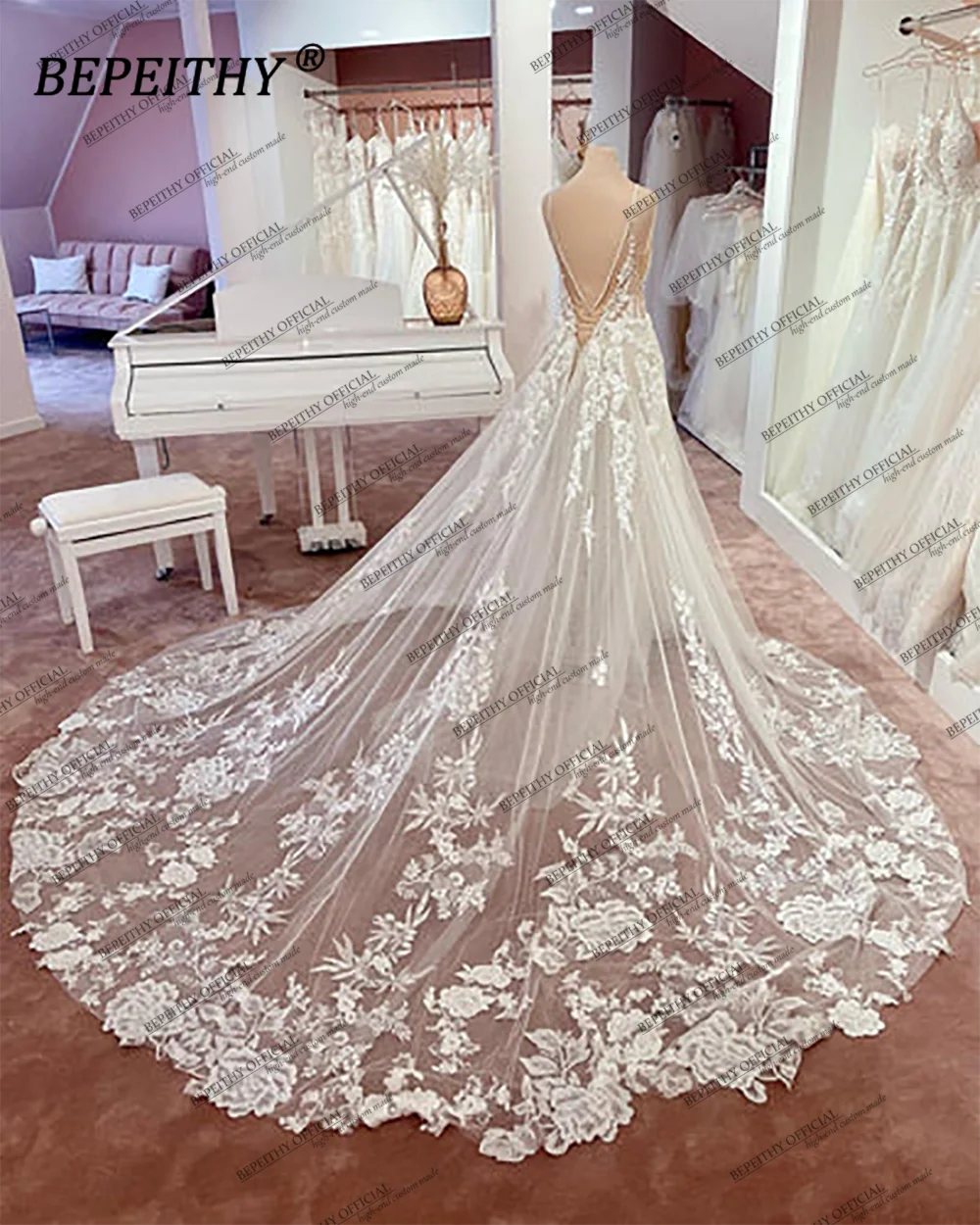 BEPEITHY Romantic Lace Wedding Party Dresses 2023 Sleeveless Court Train Sexy Backless Bride Ivory Boho Elbise Bridal Gown