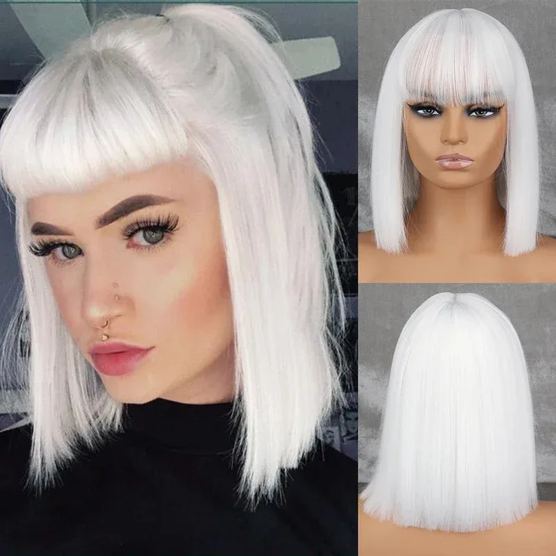 WERD Synthetic Short White Grey For Woman With Bangs Ladies Anime High Temperature Fiber Cosplay Lolita Wig NM34