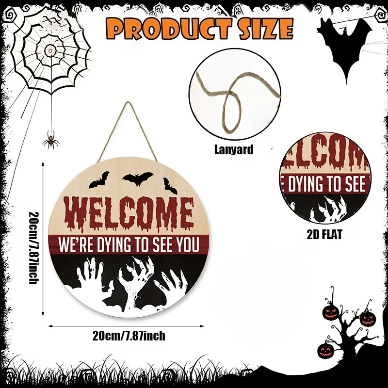 2D Flat, Wooden Retro Holiday Wall Hanging - WELCOME Halloween Decoration - Wall-Mounted Wooden Sign - Suitable for Indoor And O
