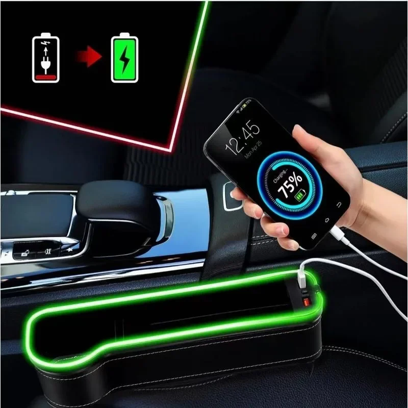 Boîte de rangement de remplissage d'écart de siège de voiture avec chargeur, lumières LED pour porte-gobelet de voiture, ports de chargeur USB et de type C, arrêt de chute, 2 pièces, 12