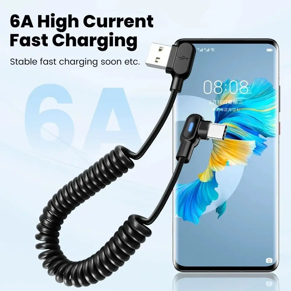 PVC 6A Spring Data Cable Black Elbow Charger Wire Cord Spring Telescoping for Samsung Huawei Xiaomi