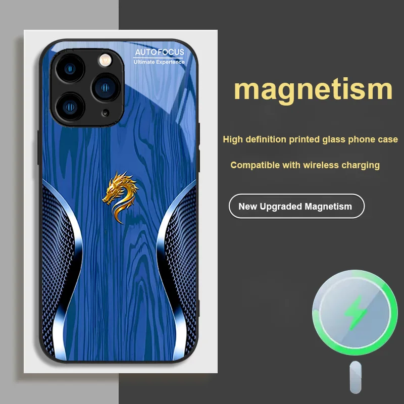 

for iPhone 15 12 14 Pro MAX 8 11 X XR 13 Plus 16 Magnetic Glass Phone Case Light Luxury Wood Grain Dragon Pattern Design Series