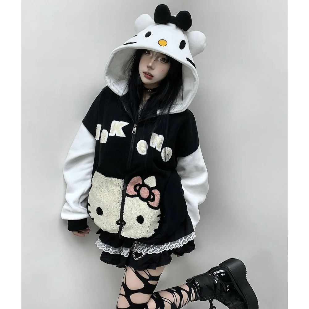 Cartoon Sanrio Hello Kitty Cute Hooded Sweatshirt Autumn and Winter Polar Fleece Zipper Jacket Loose Couple Model Sweatshirt