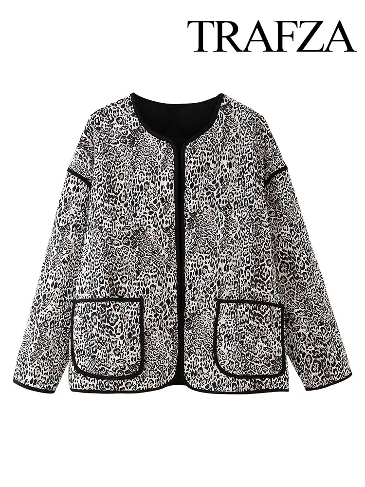 TRAFZA Winter Women Vintage Leopard Printing Splice O-Neck Cardigan Jacket Cotton Coat Pocket Long Sleeve Warm Jacket Top Mujer