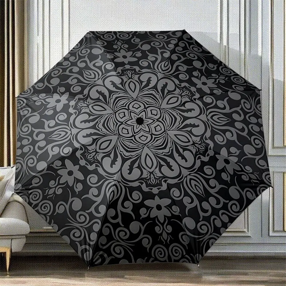

Автоматический складной зонт с цветочным узором мандала - портативная складная конструкция, прочная 8-спицевая рама и художественный дизайн.