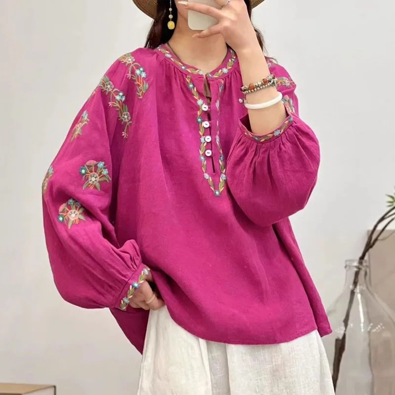 Summer Embroidery Frog Slanted Lapel Shirt Vintage Long Sleeved Casual Shirt Cotton and Linen Tops Loose Comfortable T-shirt