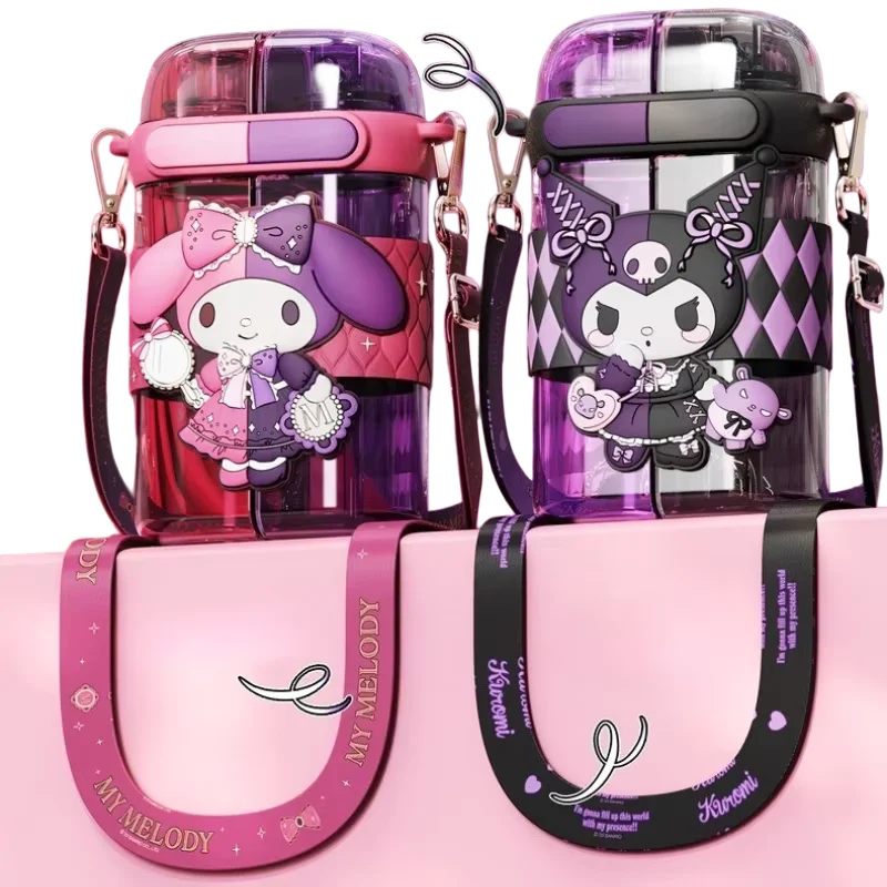

Creative Water Bottle with Straw HelloKitty Melody Kuromi Portable Student Water Cup Double Drinking Kettle Cup Kids Kettle Gift