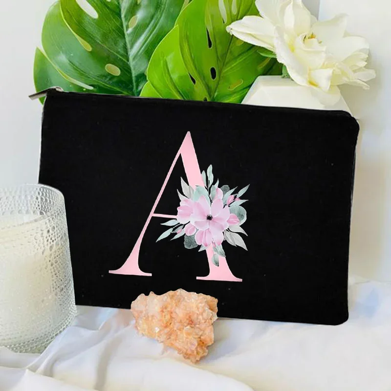 1 Pc Alphabet Floral Letters Print Zipper Cosmetic Pouch Travel Bag Women Portable Makeup Storage Organizer Bride Classmate Gift