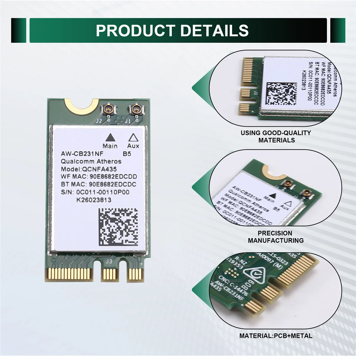 【Hot&Price】QCA9377 QCNFA435 Wireless Card Bluetooth4.1 WiFi Card 433Mbps 802.11AC 2.4G/5Ghz NGFF Network Adapter for Win 7/8/10