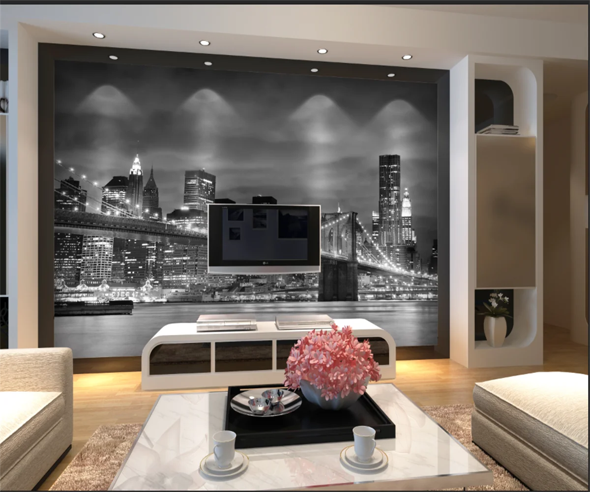 

Custom wallpaper black and white building bridge night scene decorative painting living room bedroom background 3d wallpaper