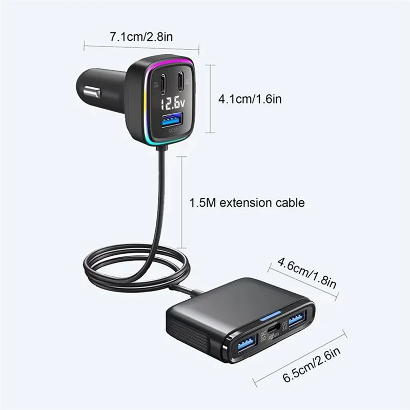 

USB+ Type C 6-Port Car Charger Adapter Multiport Phone Adapter Voltage Display PD+ QC3.0