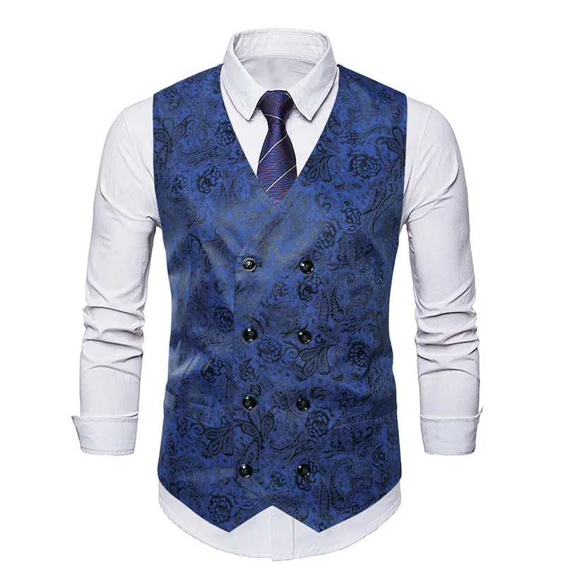 #4838 Blue Green Red Vintage Blazer Vest Men Slim Double Breasted Retro Sleeveless Vest Waistcoat Business Men\'s Vest Spring