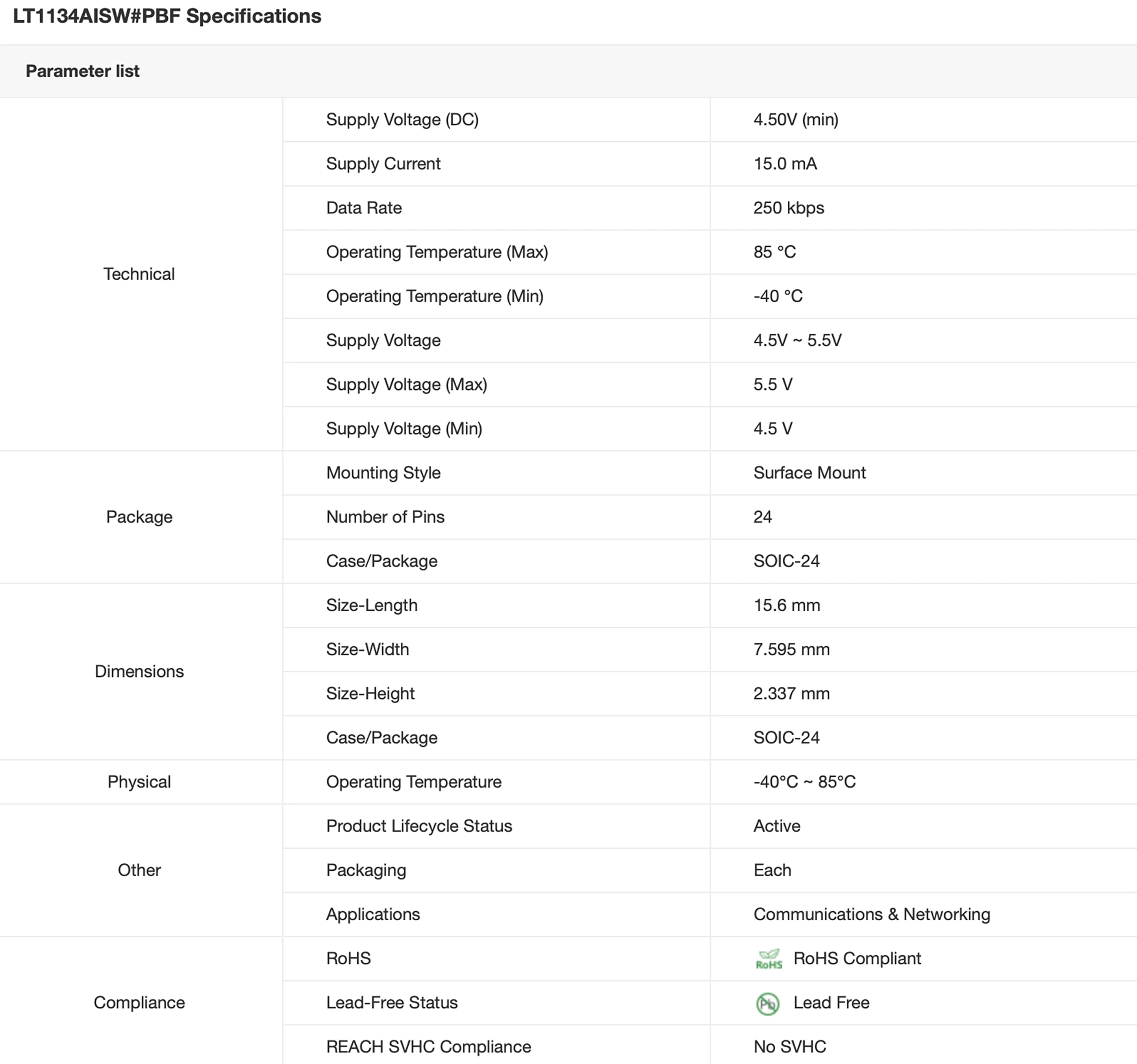 100% New and Original LT1134AISW#PBF Marking LT1134AISW Packaging SOIC-24 Advanced 4DRV/4RCV RS232 5V Interface IC