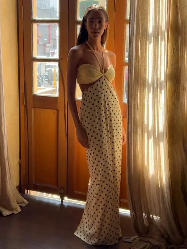 

Шикарное платье макси в горошек с вырезом халтер, женское, сексуальное, без рукавов, с открытыми плечами, с вырезами, облегающее, для праздников и вечеринок, 2026