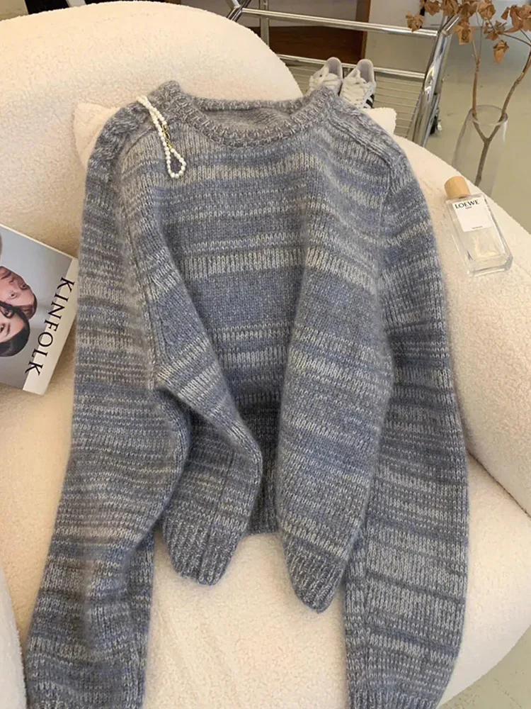 

Винтажные женские элегантные свитера Lazy Wind с длинным рукавом, свободные вязаные пуловеры, корейский повседневный женский джемпер с круглым вырезом, милый джемпер высокого качества