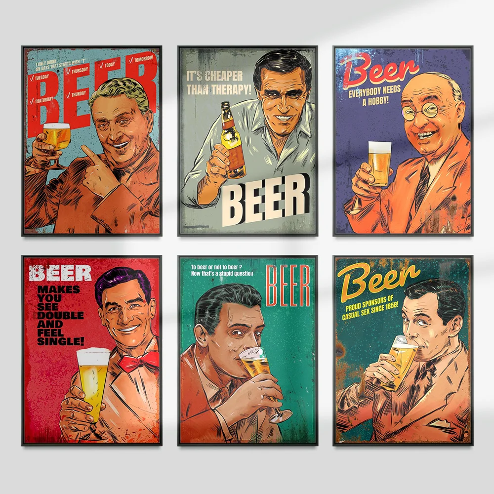 

Retro Beer Lovers Poster Art Print Pub Club Middle Age Man Canvas Painting Wall Picture Bar Decor Mural