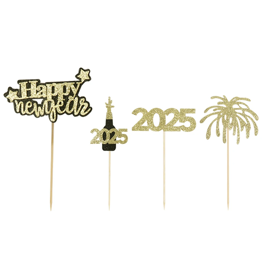 12/24pcs 2025 Happy New Year Cake Topper Glitter Gold New Year Cake Decoration New Year\'s Eve New Year Family Party Cake Decor