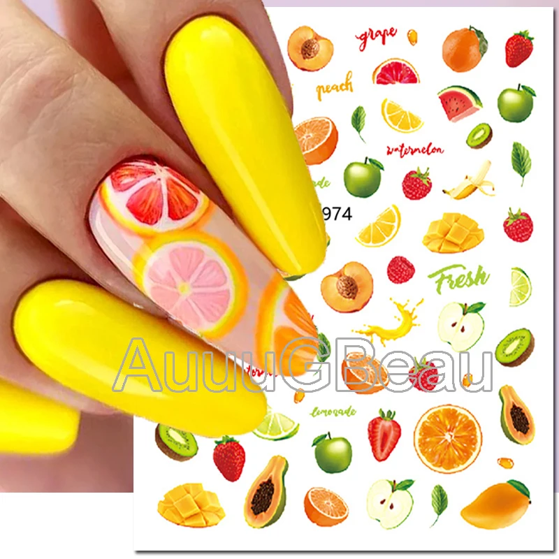 

3d Nail Art Decals Summer Fruits Kiwi Orange Lemon Cherry Strawberry Adhesive Slides Nail Stickers Decoration For Manicure