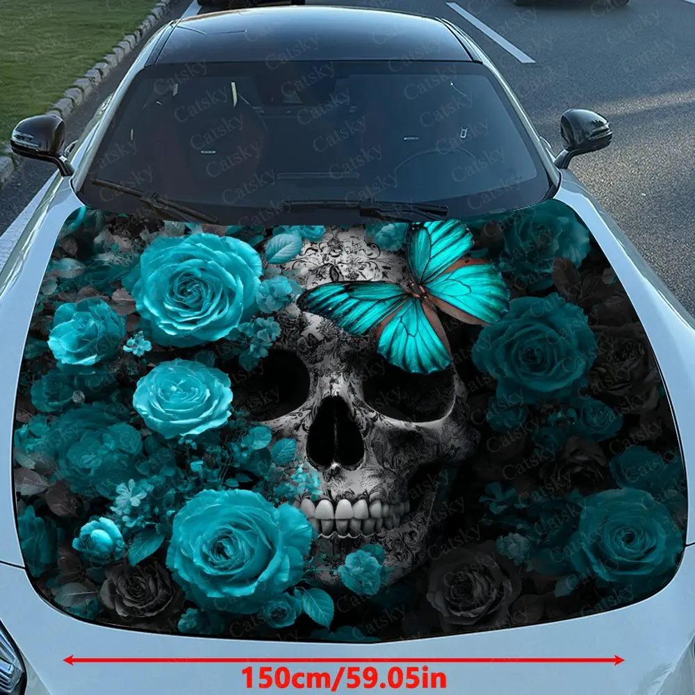 Bold Turquoise Floral Skull Car Hood Sticker,Waterproof Self-Adhesive Vinyl Graphics Decals,Decorative Auto Accessories Stickers