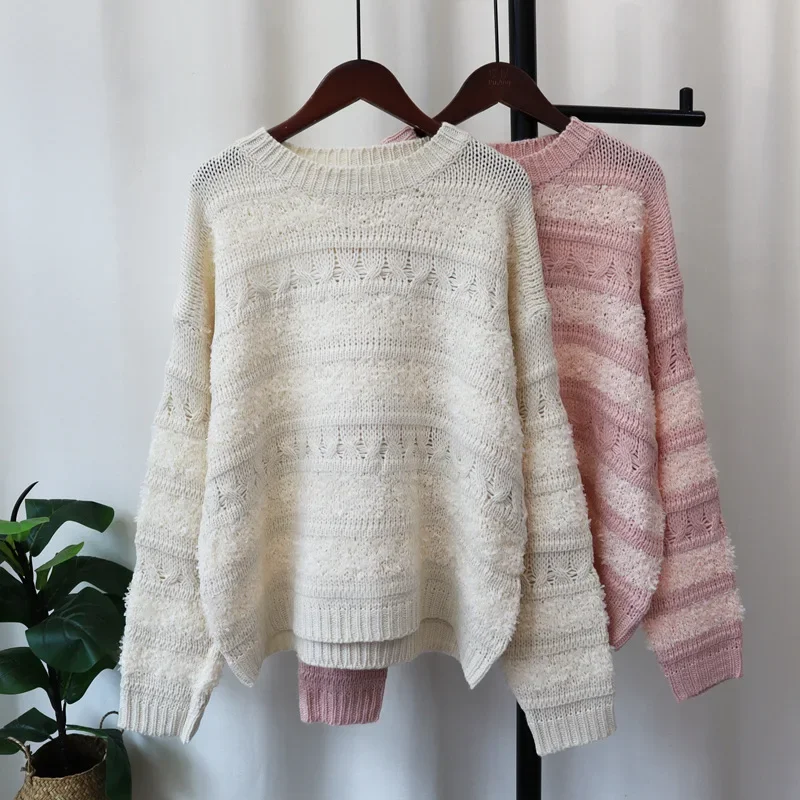 Knitted Striped Sweater Women Long Sleeve O Neck Pullovers Spliced Jumpers Autumn Casual Loose Fit Sweaters Slight Strech