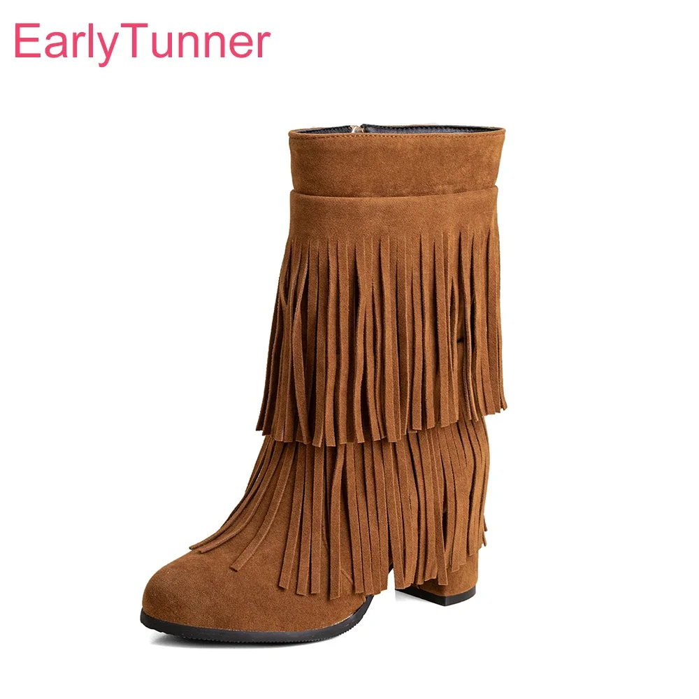 

Новые зимние гламурные коричнево-красные женские ботинки до середины икры с кисточками, пикантные женские туфли на высоком каблуке, большие размеры 33, 12, 436, 52