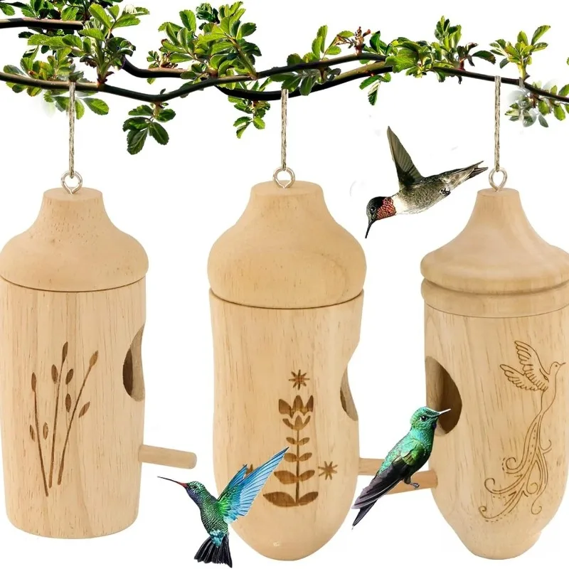 3 casitas de madera para pájaros, mini comederos colgantes para colibríes, jaula nueva para jardín, nido, cabaña de madera maciza estilo pastoral