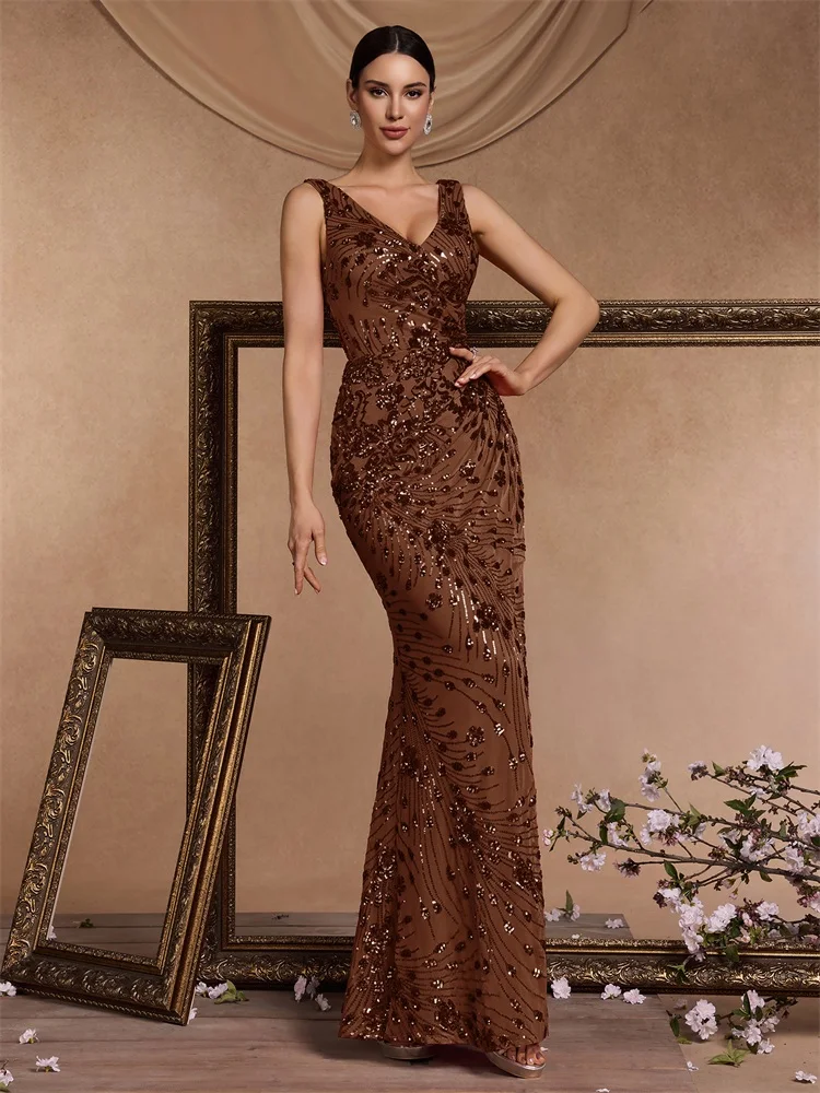 Lucyinlove Elegant Slit pleats Slim Evening Dresses Women Long Mermaid Formal Sequins V-neck Caicktail Wedding Party Gowns Event