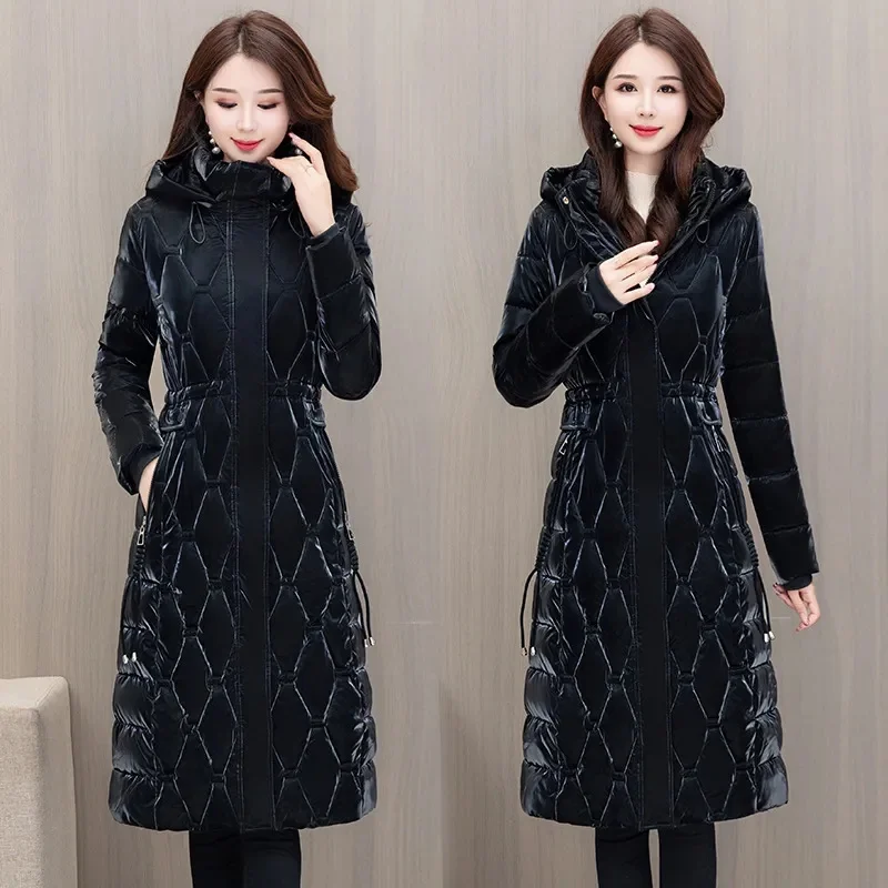 Winter Parkas Long Glossy Down padded jacket Women new Fashion Loose Hooded Windproof Warm Cotton Clothes Female overcoat T545