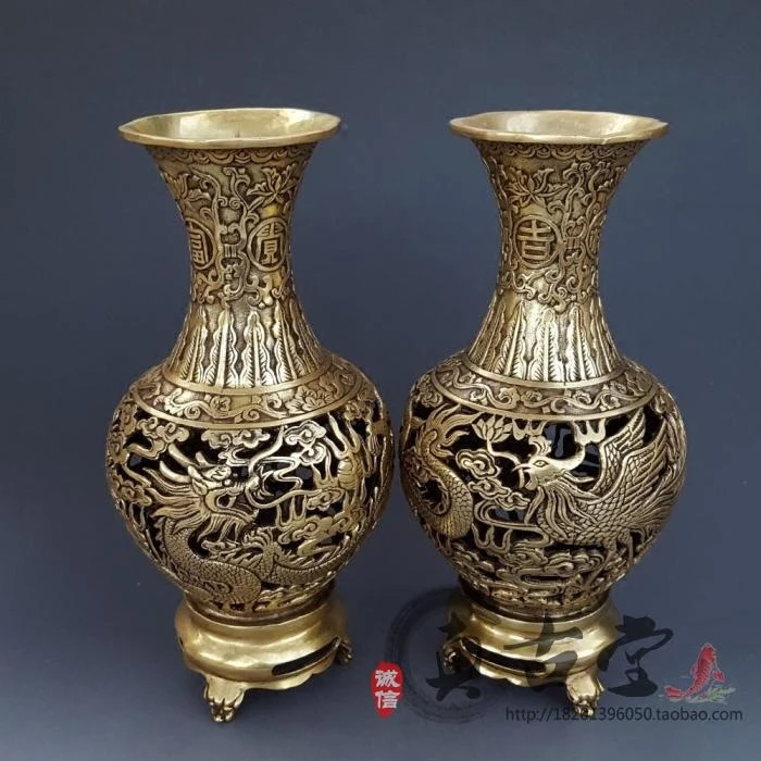 Special Antique Pure Copper Large Hollow Dragon And Phoenix Vase Ornaments, A Pair Of Home Decoration Gifts, Antique Bronze Coll